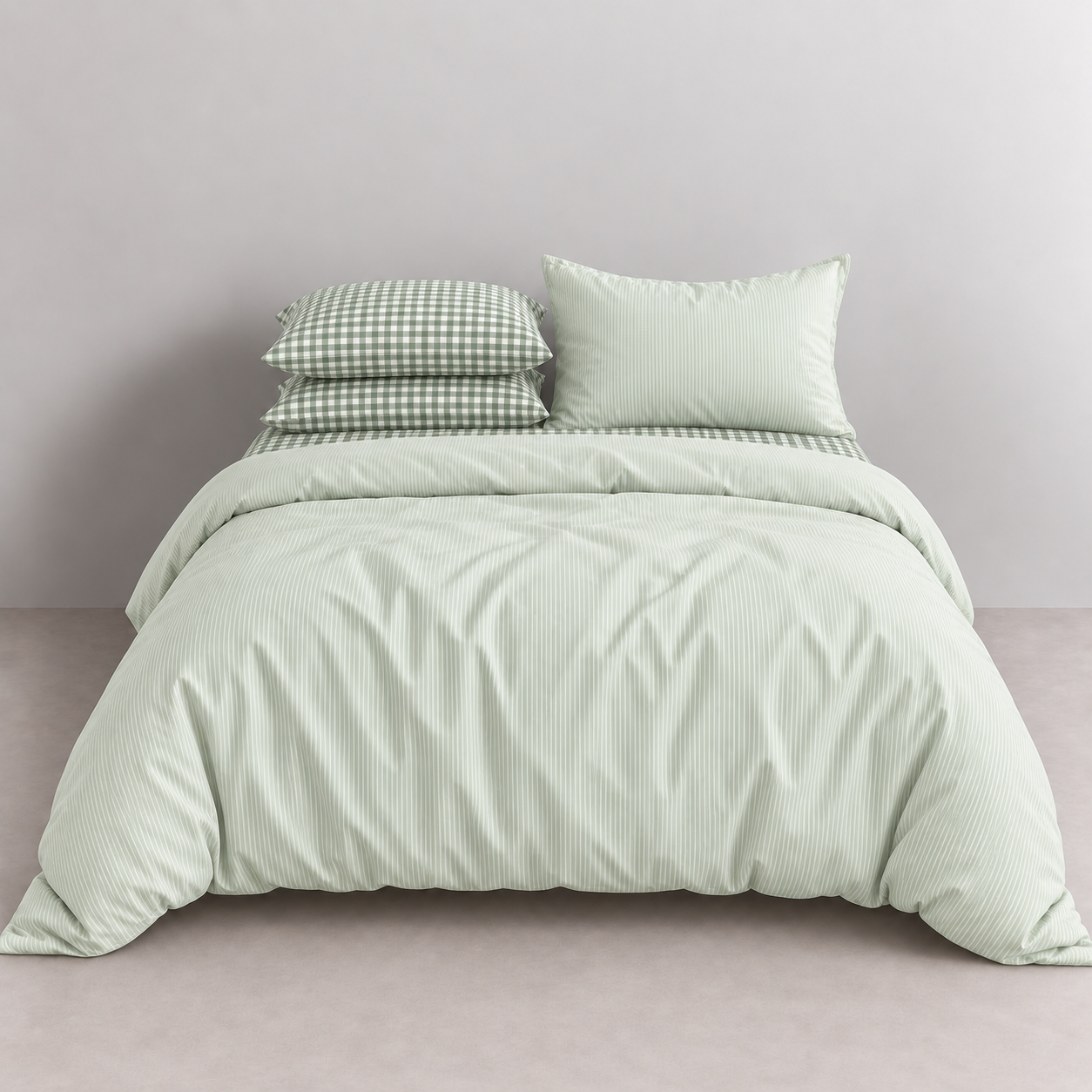Honeythatch Gingham Bedding Set in Sage, styled on a bed with striped and check pillowcases layered