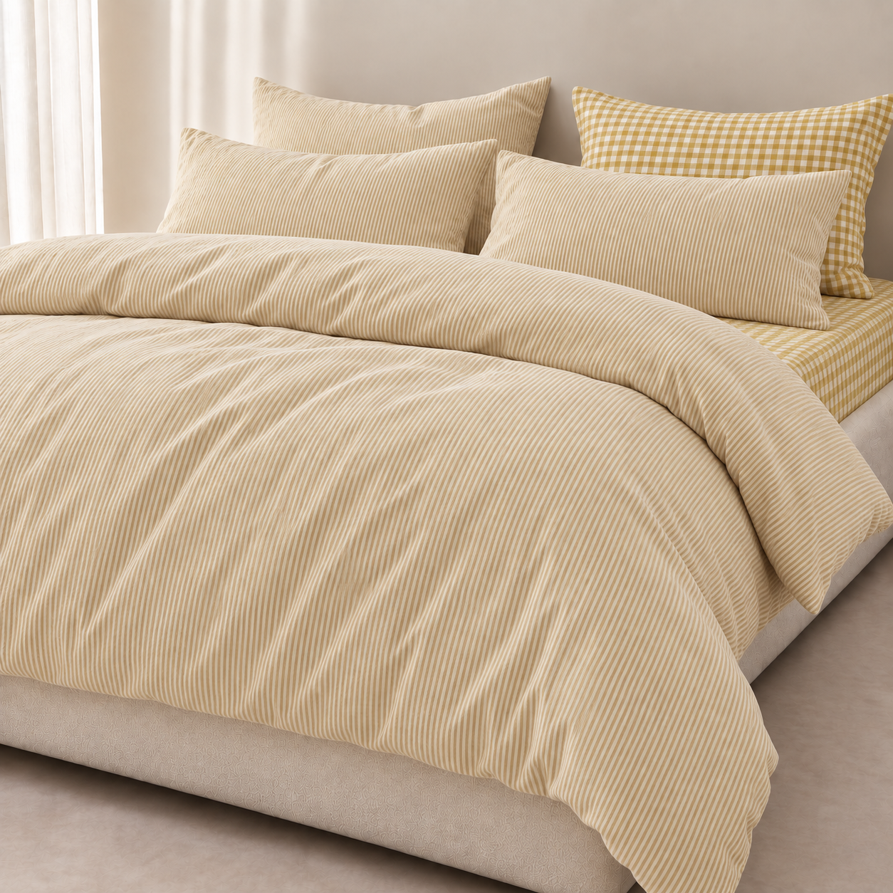 Honeythatch Gingham Bedding Set styled bed with tonal stripe quilt cover and mustard gingham pillowcase accent