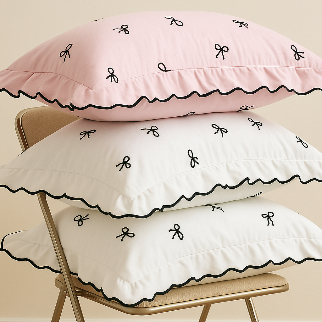 Isabella Bow Bedding Set pillowcases stacked in blush and ivory with black bow embroidery and wavy trim