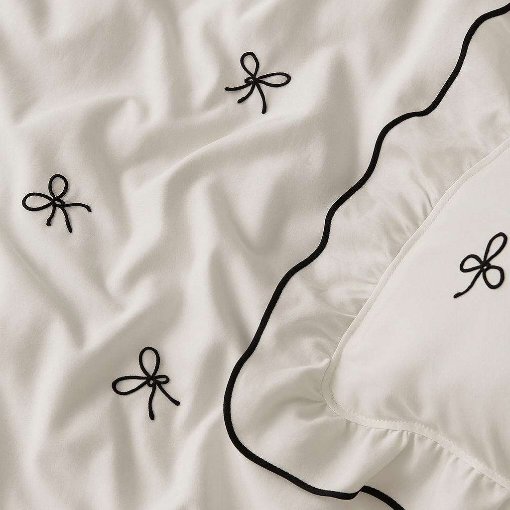 Close-up of the Isabella Bow Bedding Set in Ivory, showing bow embroidery and black piped edge on twill