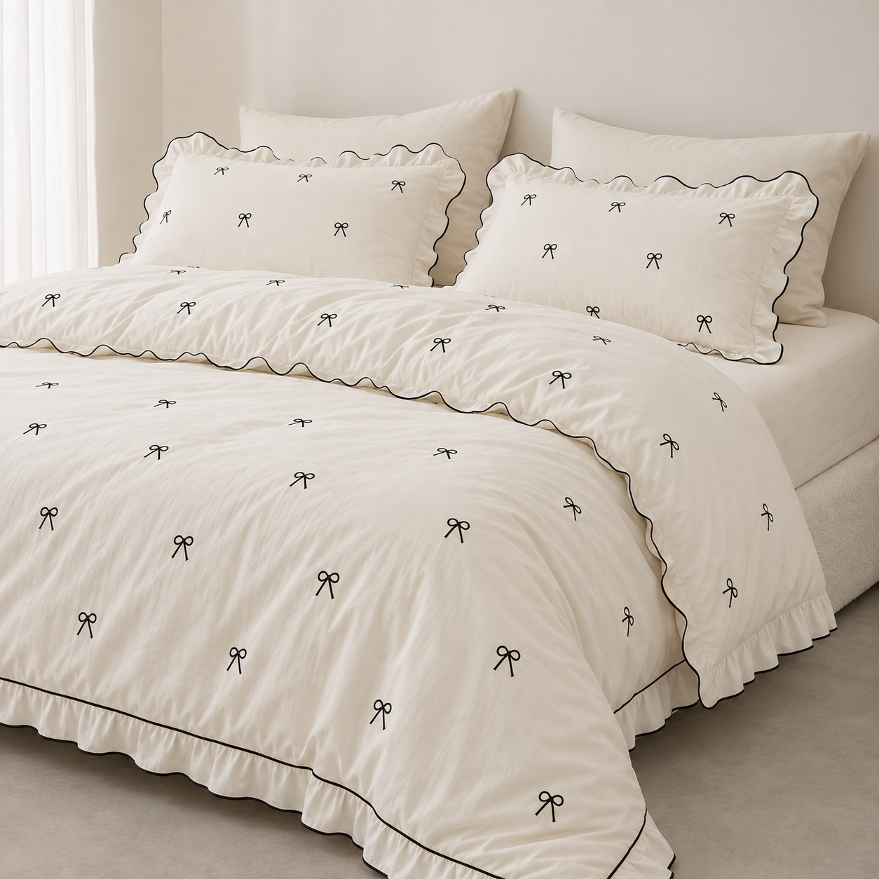 Isabella Bow Bedding Set in Ivory, scalloped edges and bow embroidery on a made bed with ruffled skirt