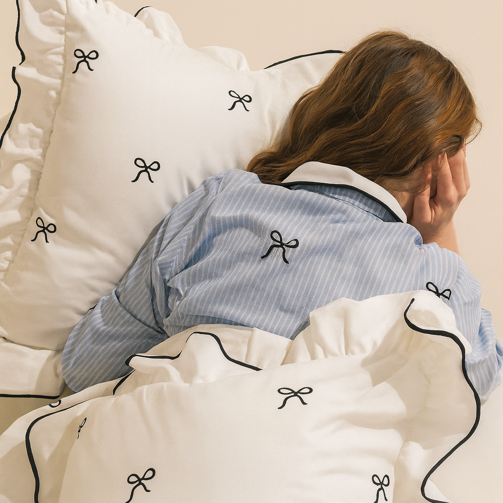Isabella Bow Bedding Set in ivory with black bow embroidery and piping, model resting against pillows