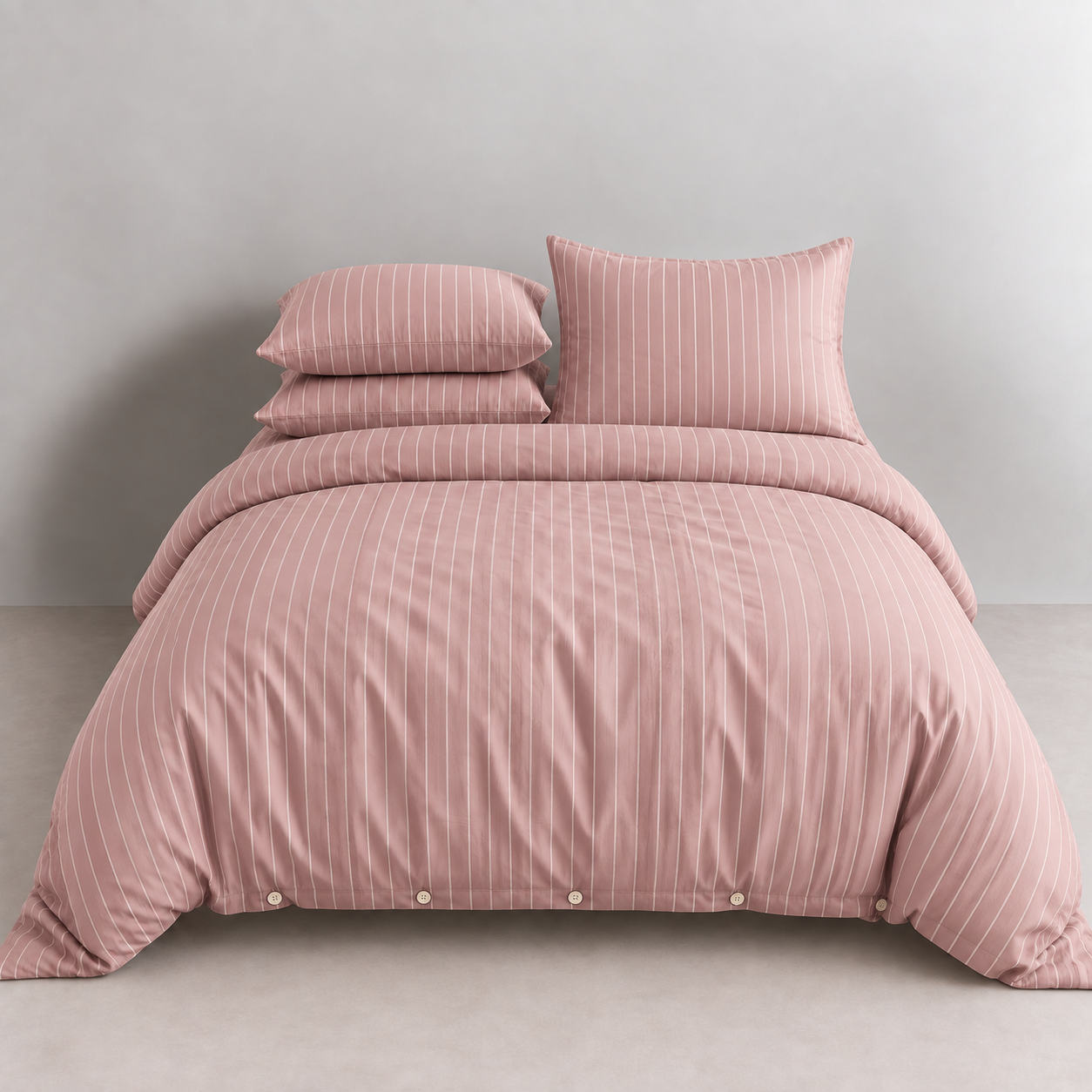 Juno Stripe Bedding Set in Dusty Plum, made bed with pinstripe quilt cover and stacked pillowcases, button closure detail