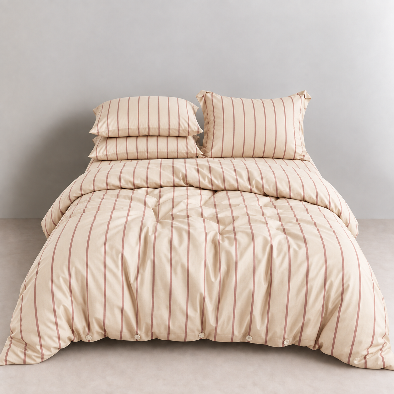 Juno Stripe Bedding Set in Sandstone, cotton quilt cover with rust stripes styled on a made bed with pillowcases