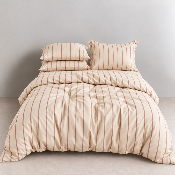 Juno Stripe Bedding Set in Sandstone, cotton quilt cover with rust stripes styled on a made bed with pillowcases