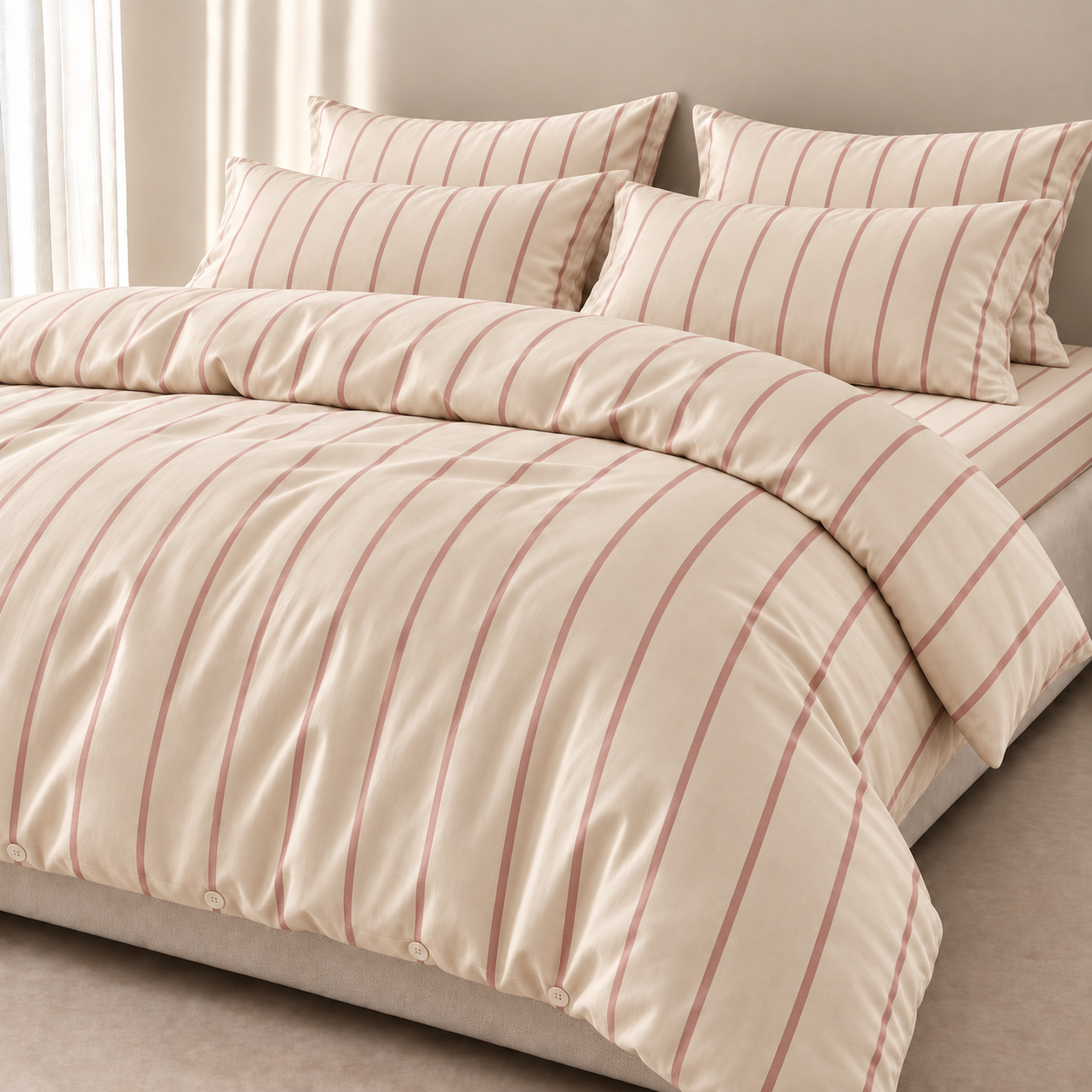 Juno Stripe Bedding Set in cream cotton with dusty pink stripes, styled on a made bed with pillows