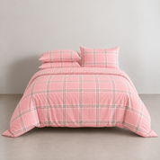 Kyoto Plaid Bedding Set in Cherry Milk, pink check quilt cover and pillowcases on a made bed
