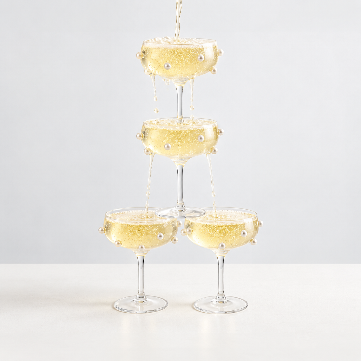 Four Lennon Pearl Coupe Glasses stacked in a tower, champagne cascading over pearl beading between tiers
