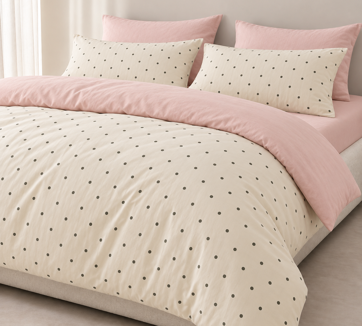Lenny Spot Bedding Set in Cream & Blush Polka, folded back on a made bed with blush pink pillowcases