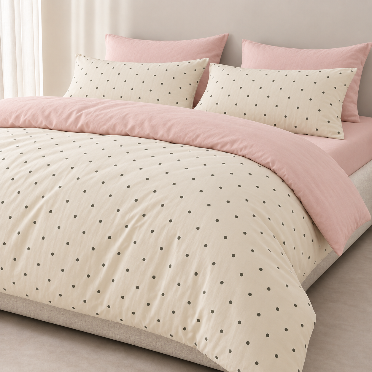 Lenny Spot Bedding Set in Cream & Blush Polka, folded back on a made bed with blush pink pillowcases