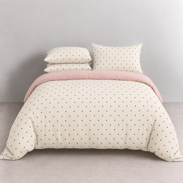 Lenny Spot Bedding Set in Cream & Blush Polka, made bed with blush pink quilt cover fold reveal