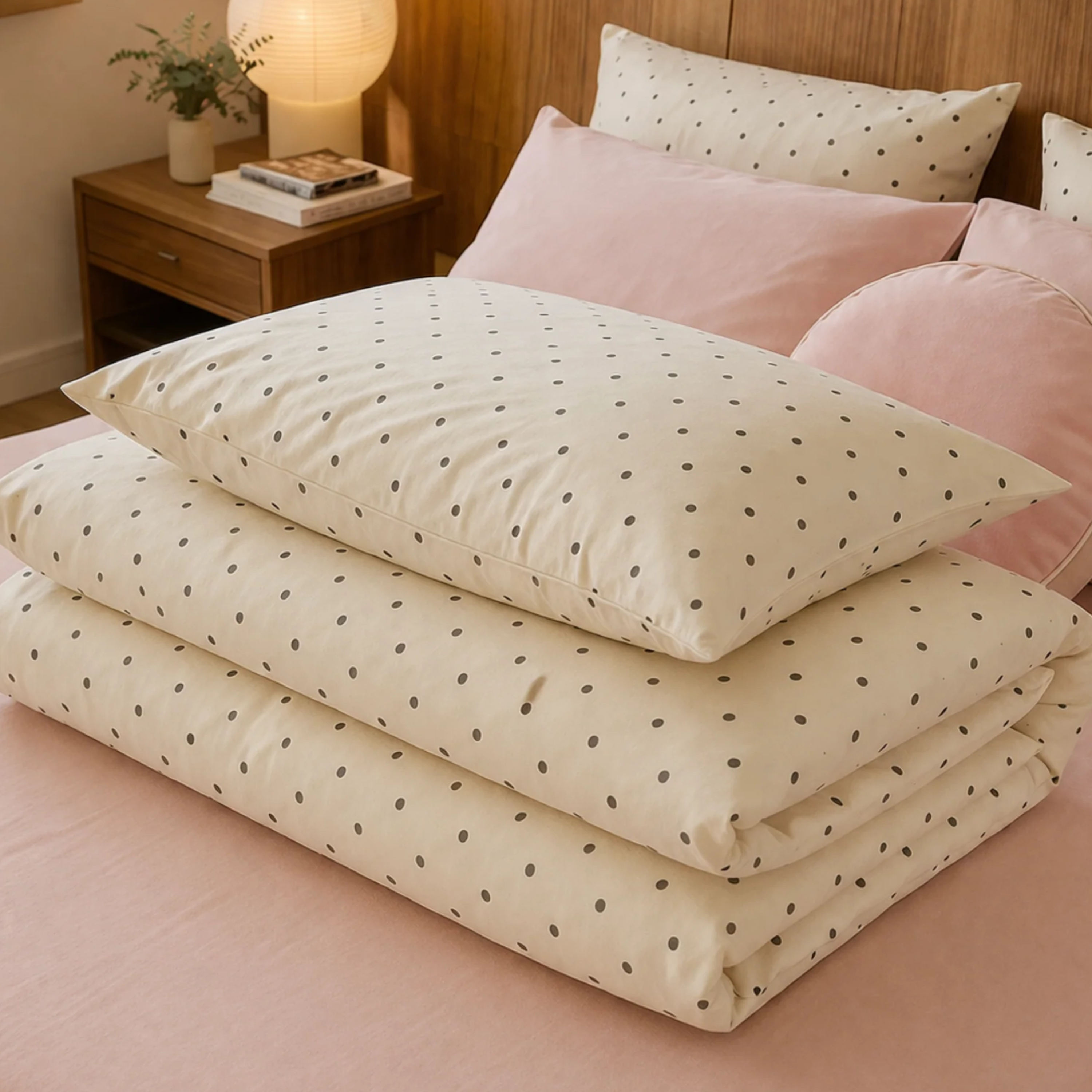 Lenny Spot Bedding Set folded on a bed, cream spot pattern against blush pink pillows and sheeting