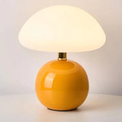 Lumi Mushroom Table Lamp in Mandarin, glossy orange round base with domed white glass shade