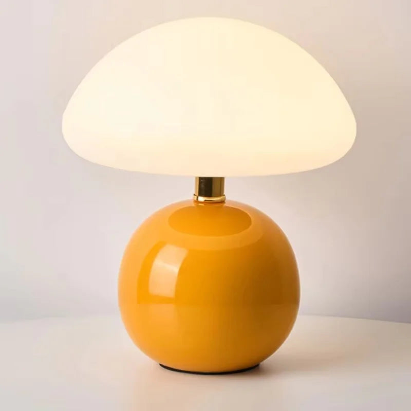 Lumi Mushroom Table Lamp in Mandarin, glossy orange round base with domed white glass shade