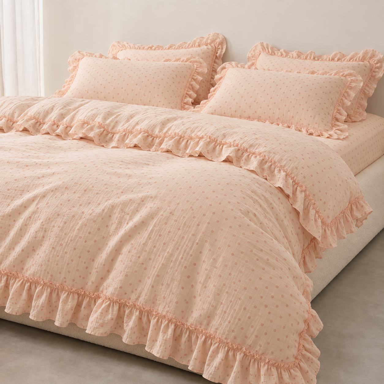 Mable Spot Bedding Set in Peach, made bed with ruffled quilt cover and pillowcases in spotted twill