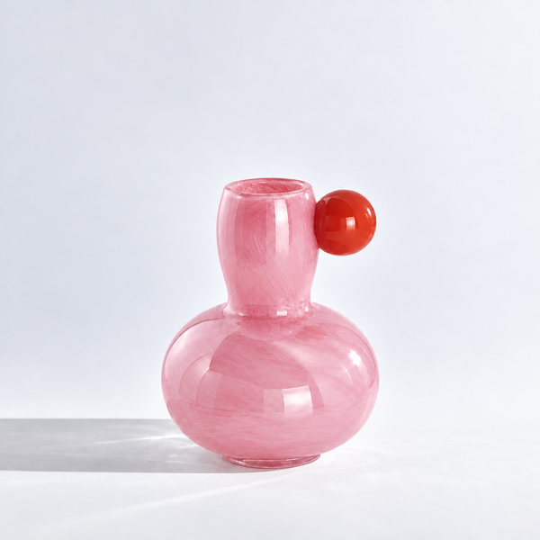 Marley Pastel Vase in Pink, gourd shaped glass body with a contrasting red sphere at the neck
