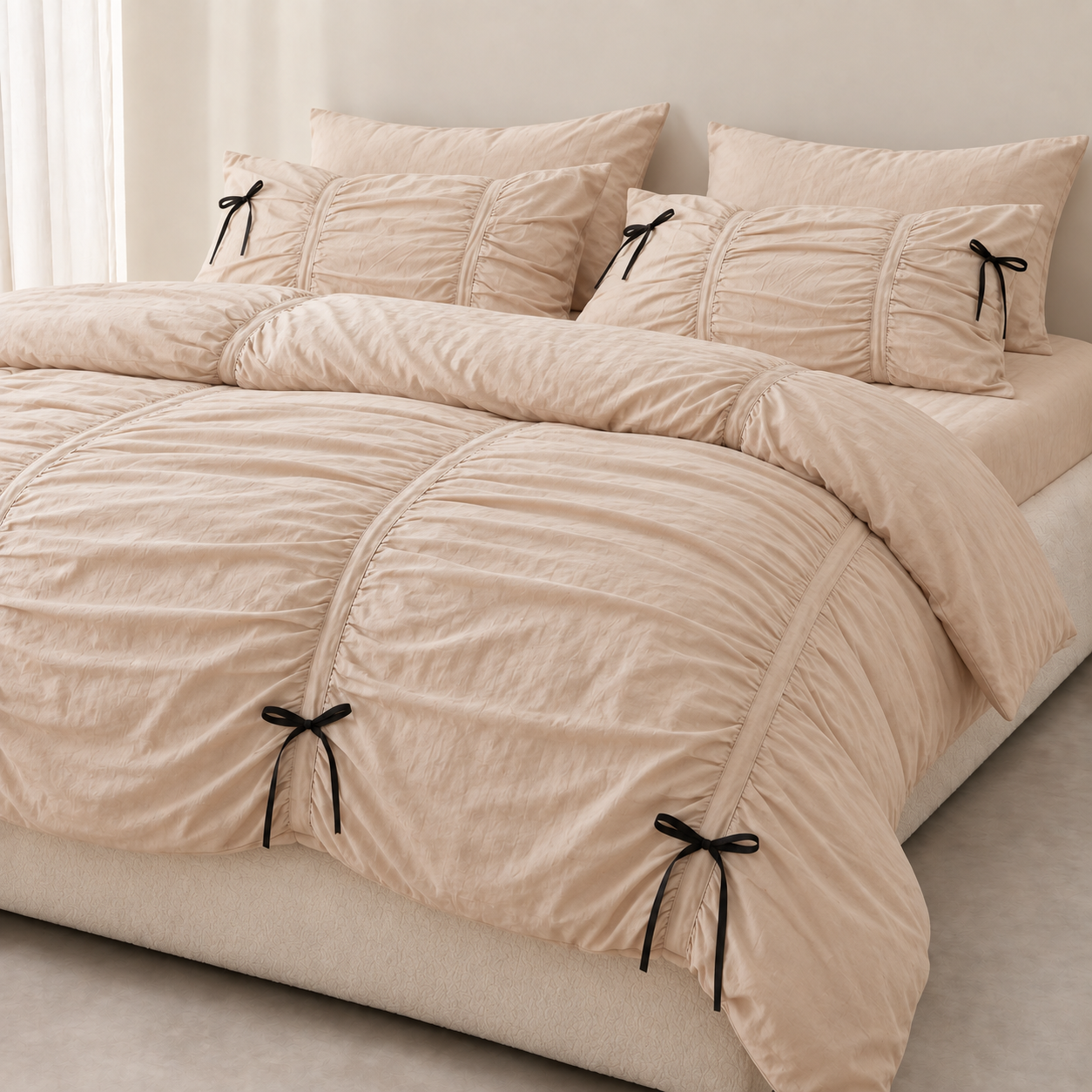 Metaya Bedding Set in Beige, ruched cotton twill with black ties, styled on a made bed