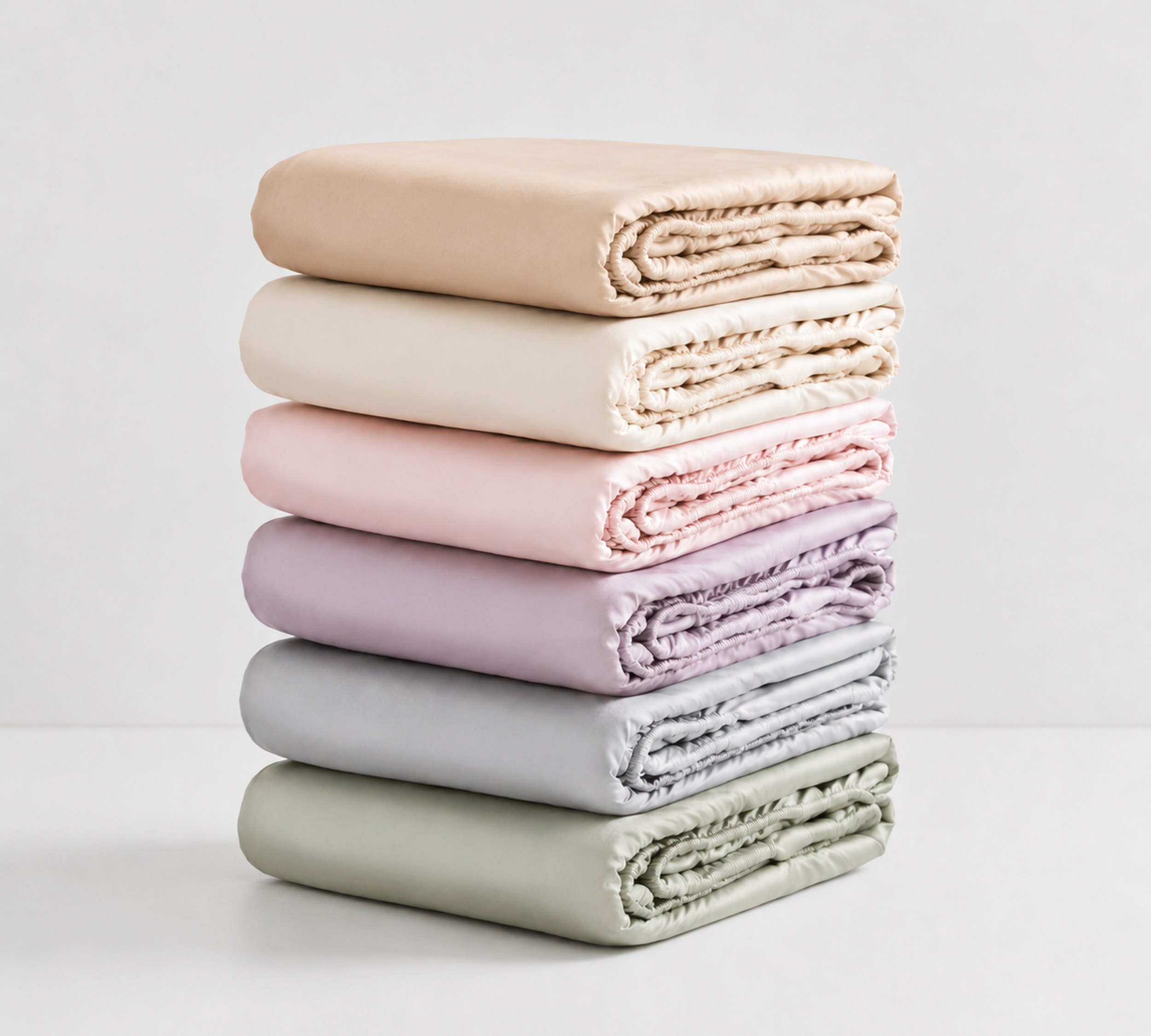 Mira Bamboo Fitted Sheet folded stack in six shades: tan, cream, pink, mauve, grey and sage