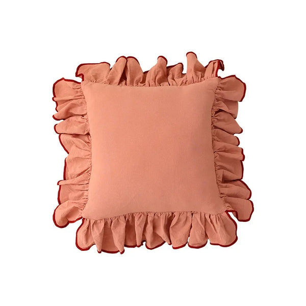 Odette Ruffle Cushion Cover in Blush cotton, gathered ruffle edge with a contrast red trim, shot flat
