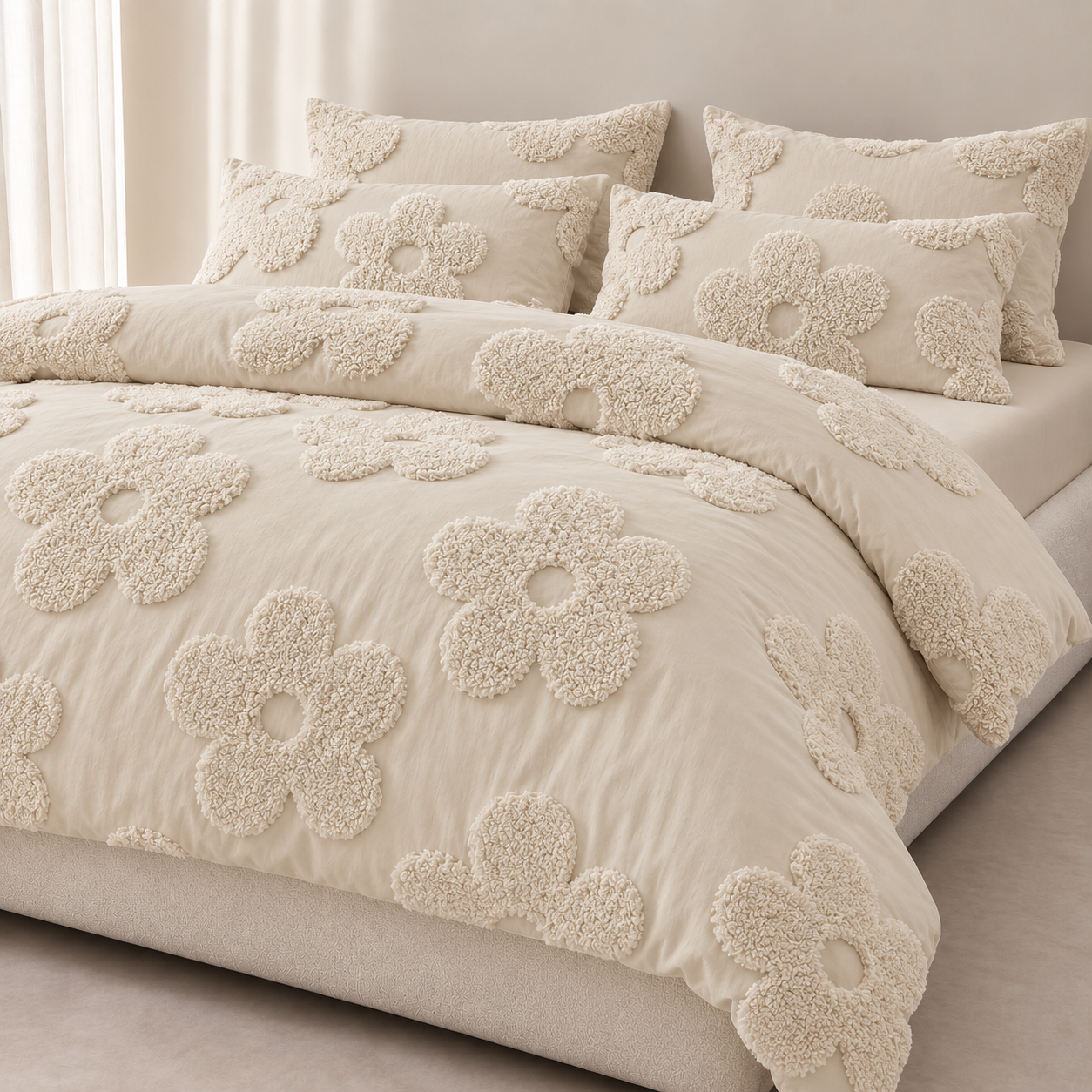 Posie Embroidered Bedding Set in cream, tufted floral quilt cover and pillowcases on a made bed