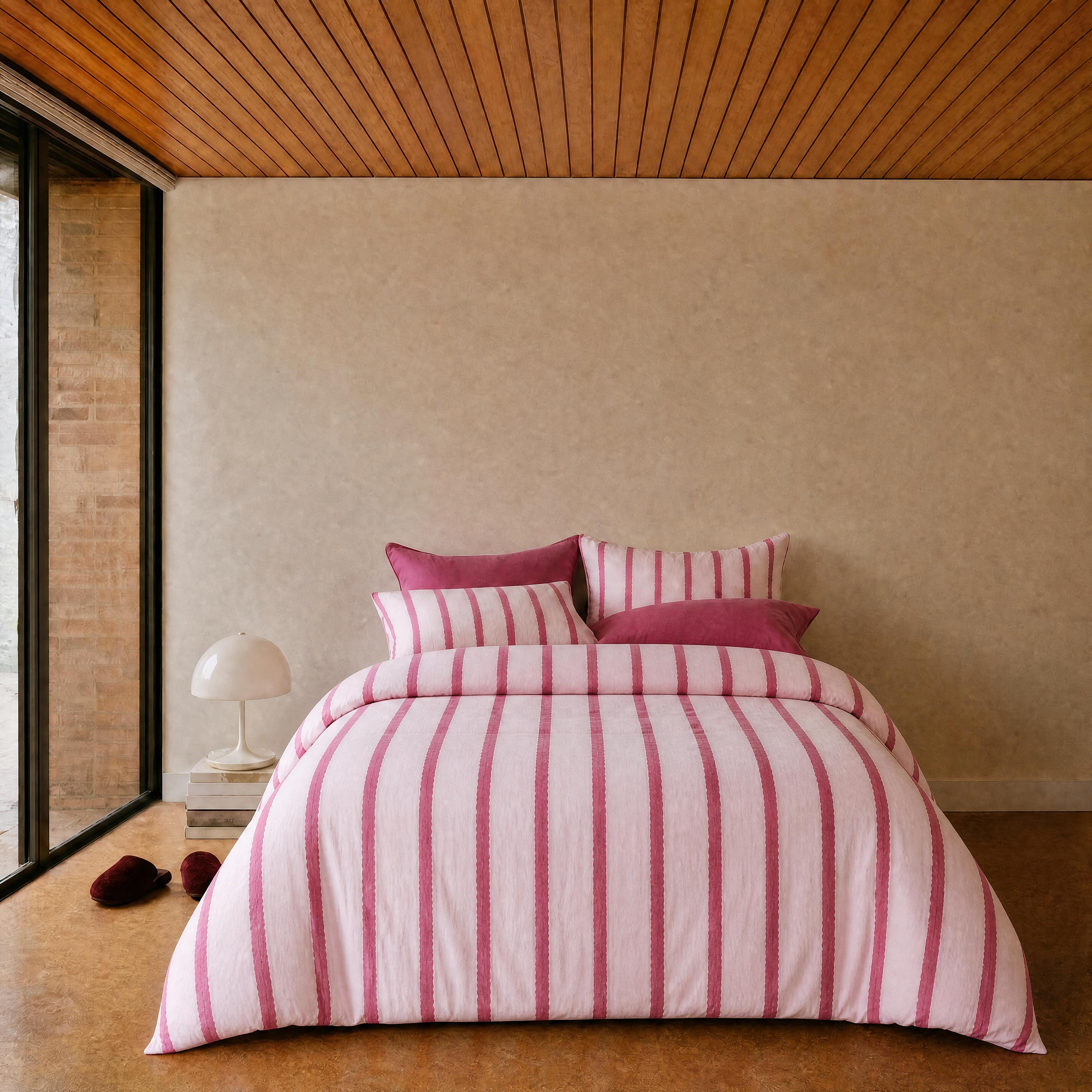 Rhodes Striped Bedding Set in Blush & Pink, made bed with pink stripes and berry-toned cushions in a timber room