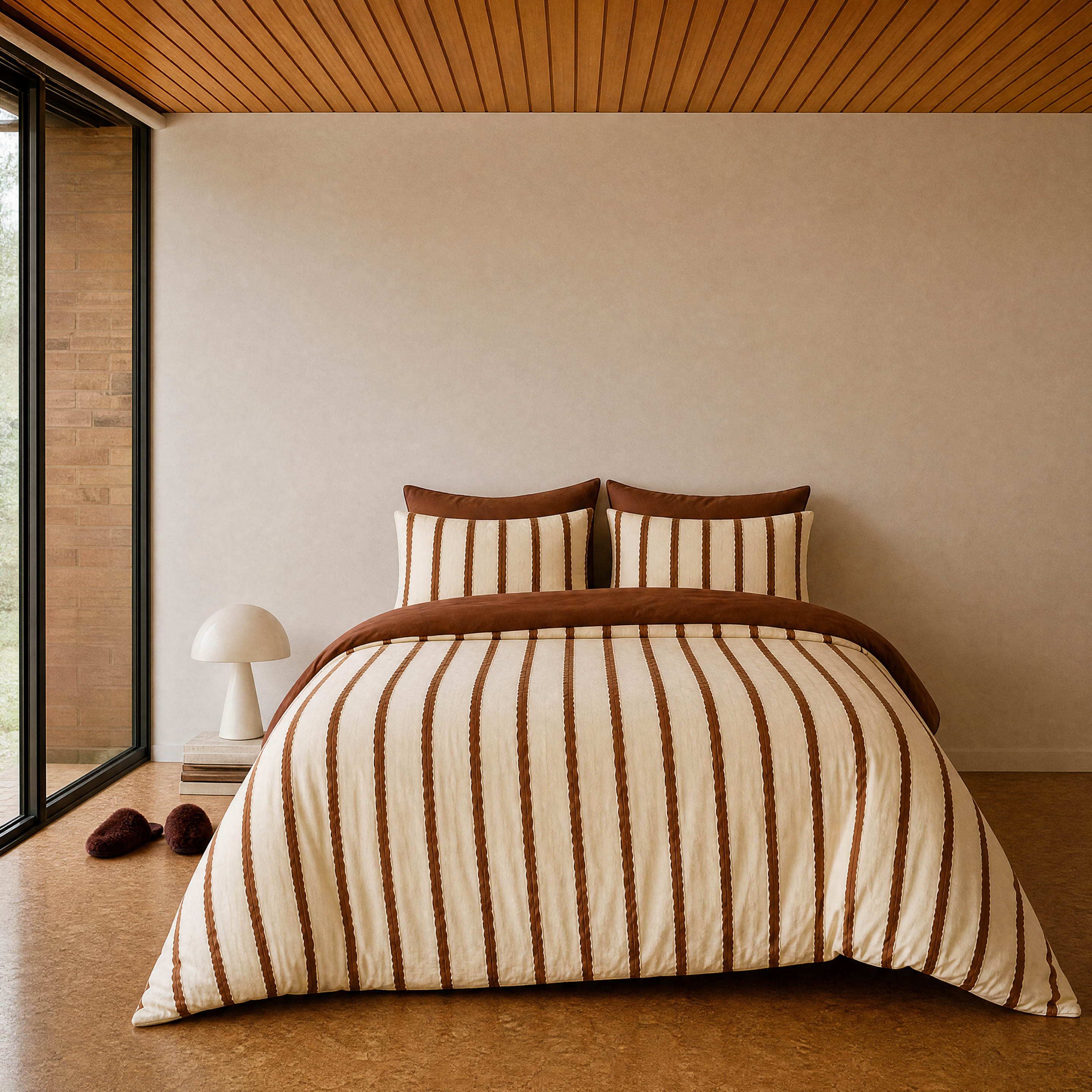 Rhodes Striped Bedding Set in Cocoa & Cream on a made bed, cream and brown stripes with a warm timber-ceilinged room