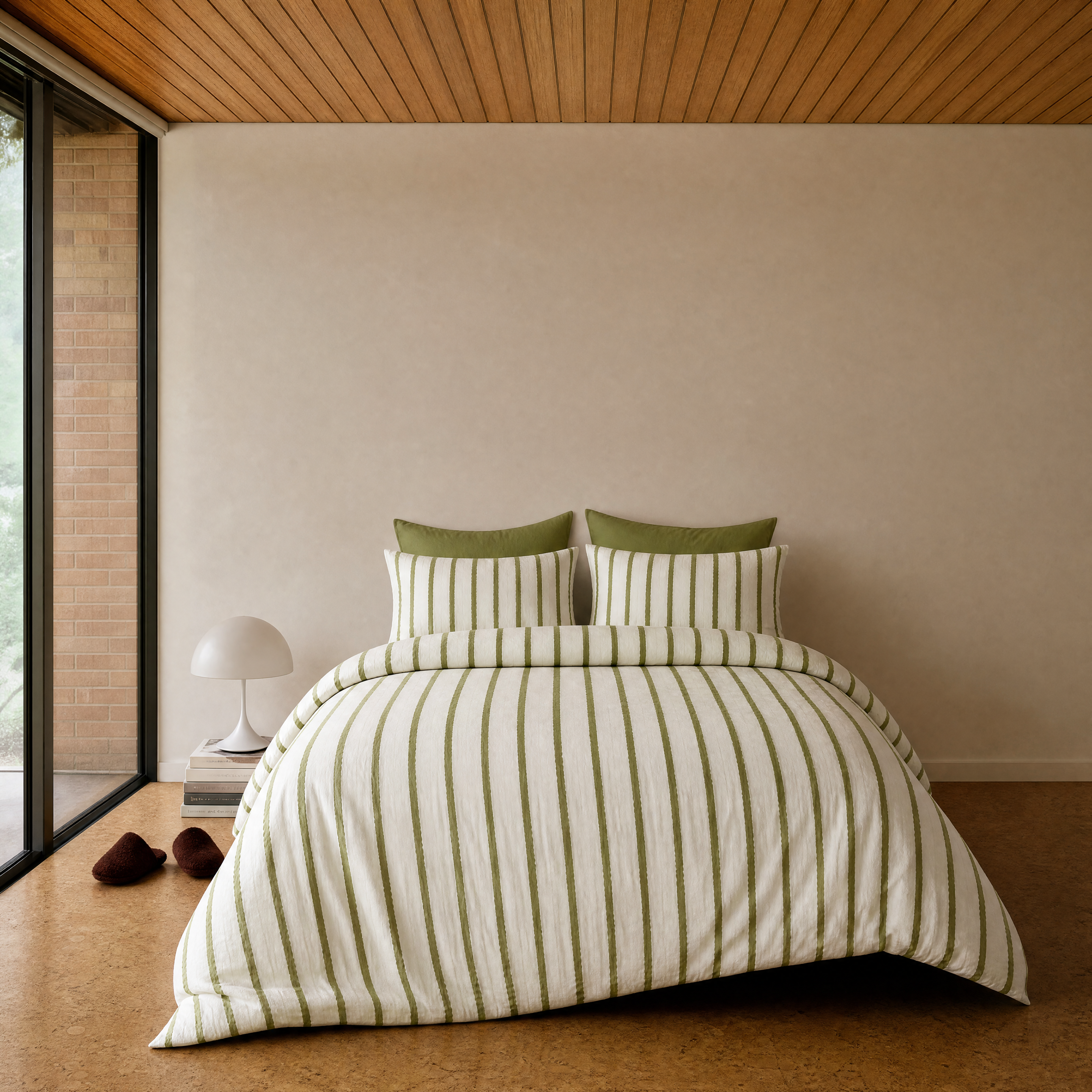 Rhodes Striped Bedding Set in Sage & Cream on a made bed, olive stripes with olive pillowcase backing