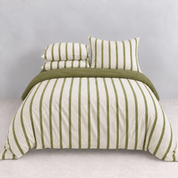 Rhodes Striped Bedding Set in Sage & Cream, made bed with olive green stripes and matching pillowcases