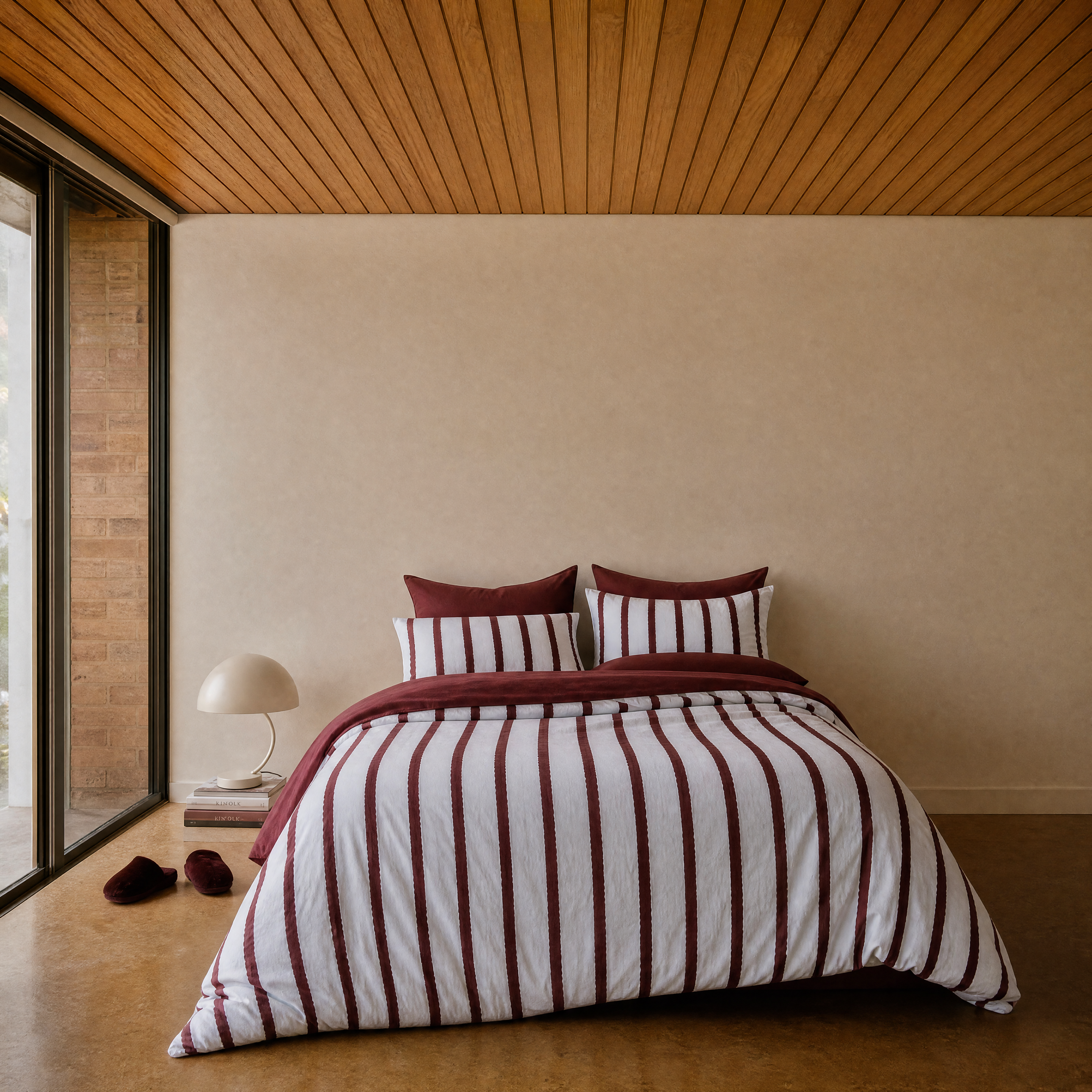 Rhodes Striped Bedding Set in Sky & Burgundy on a made bed, burgundy stripes over a white base with matching pillowcases