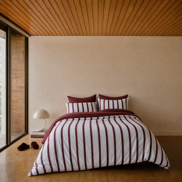 Rhodes Striped Bedding Set in Sky & Burgundy on a made bed, burgundy stripes over a white base with matching pillowcases