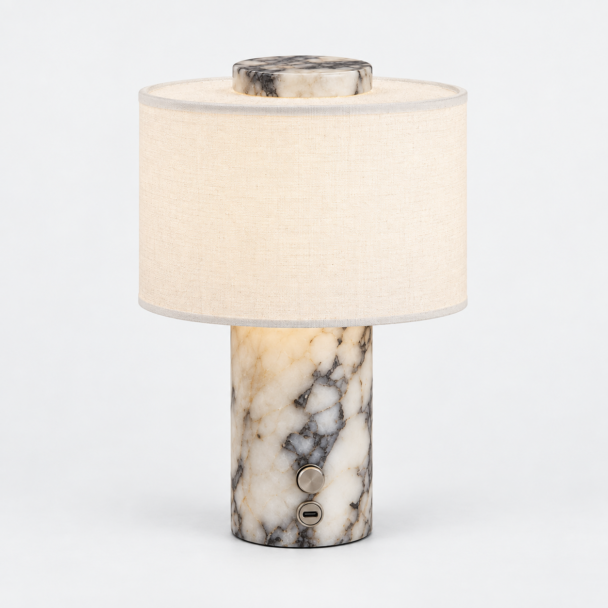 Romy Marble Lamp in Marble, grey veined stone base with ivory linen drum shade, on white