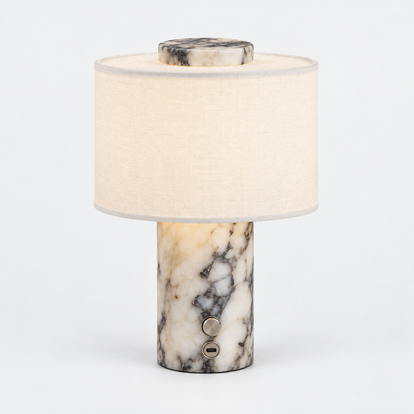Romy Marble Lamp in Marble, grey veined stone base with ivory linen drum shade, on white