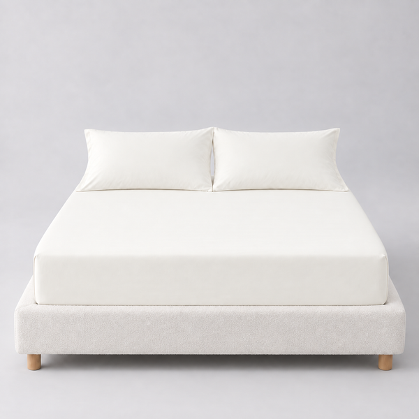 Sola Cotton Fitted Sheet in Ivory, fitted on a mattress with matching pillowcases against a boucle bed base