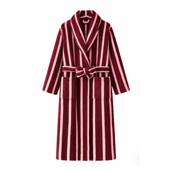 Staple Bath Robe in Cherry & Blush Pink, cotton terry robe with shawl collar shown flat against white