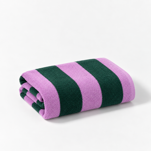 Folded Stay Soft™ Bold Towel Collection in Berry Mint, bold pink and deep green stripes on plush cotton terry