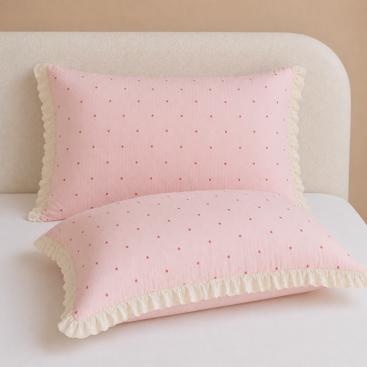 Two pillowcases from the Sundae Spot Bedding Set in Blush Polka, pink cotton with frilled cream lace edging