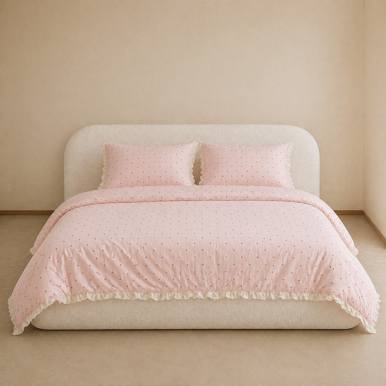 Sundae Spot Bedding Set in Blush Polka, made up on a bed with frilled edges and scattered polka dots