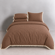 Sundae Spot Bedding Set in Coffee Polka, made bed with dotted quilt cover and cream gathered frill trim