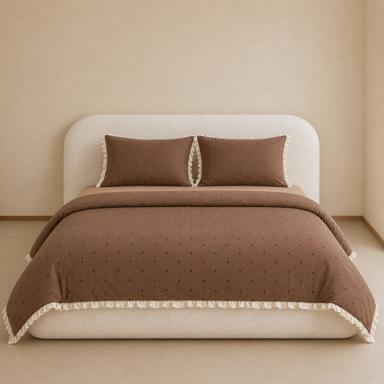 Sundae Spot Bedding Set in Coffee Polka, made bed with frilled edge and polka dot quilt cover