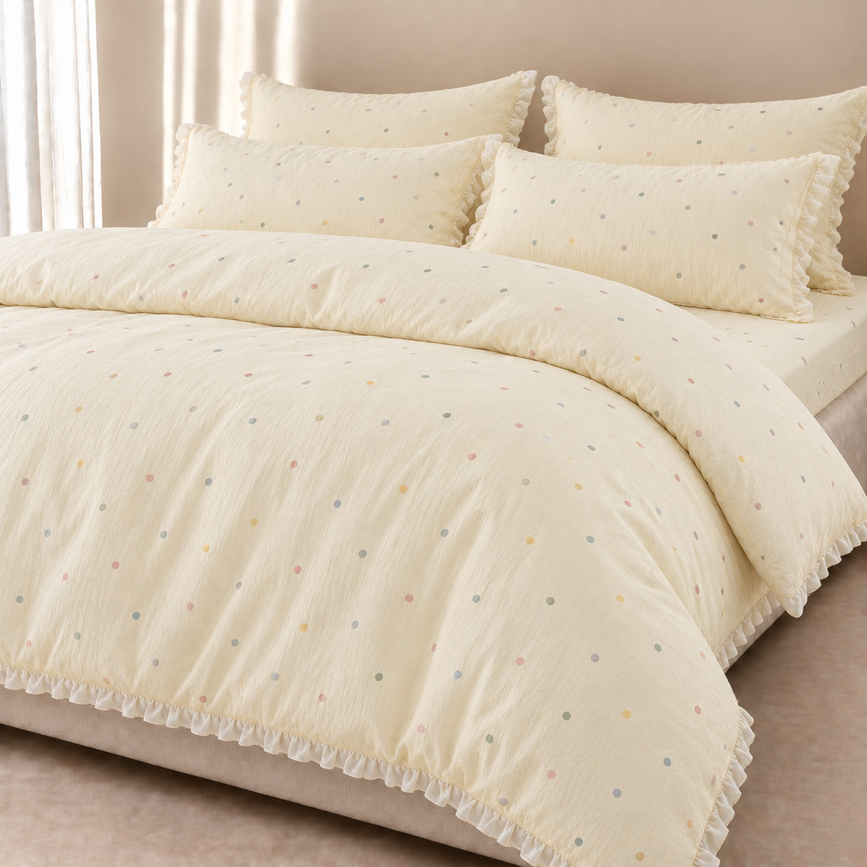 Sundae Spot Bedding Set in Custard Polka, made bed with multicolour dots and a frilled edge