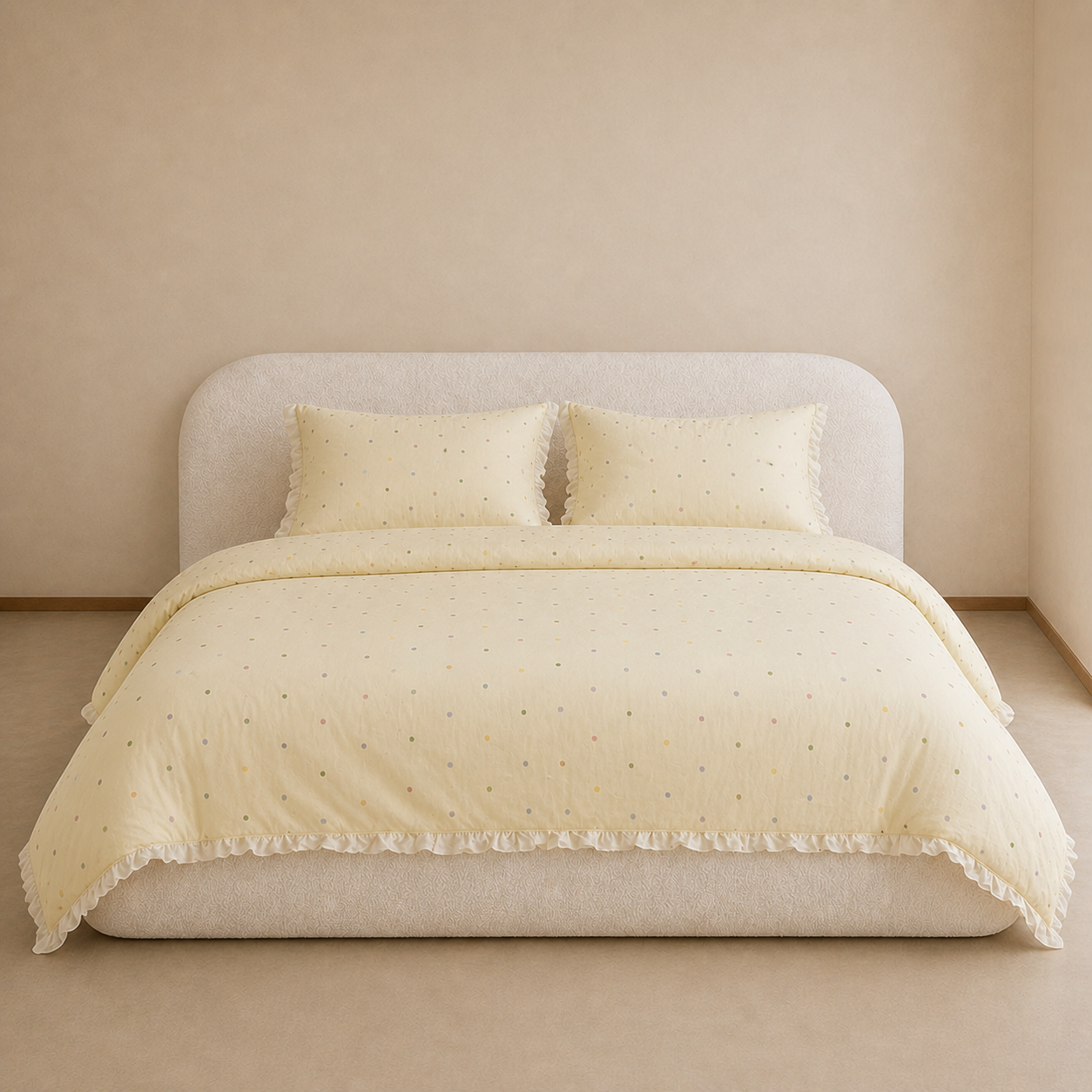 Sundae Spot Bedding Set in Custard Polka on a made bed, multicolour dots and a frilled cotton edge