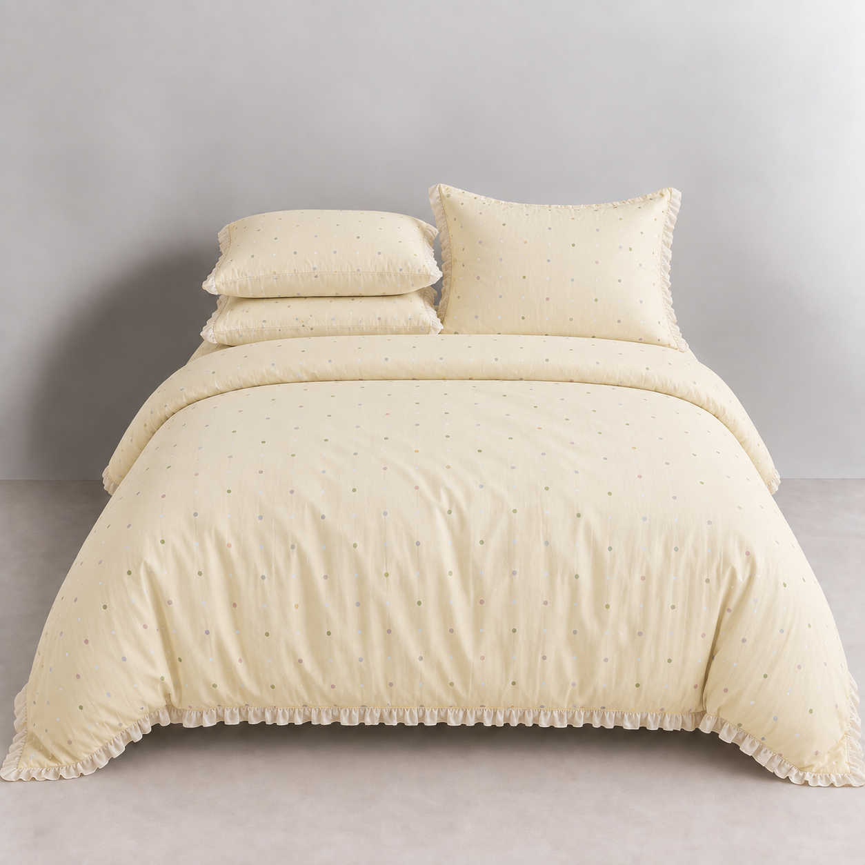 Sundae Spot Bedding Set in Custard Polka, made bed with scattered dots and a soft gathered frill