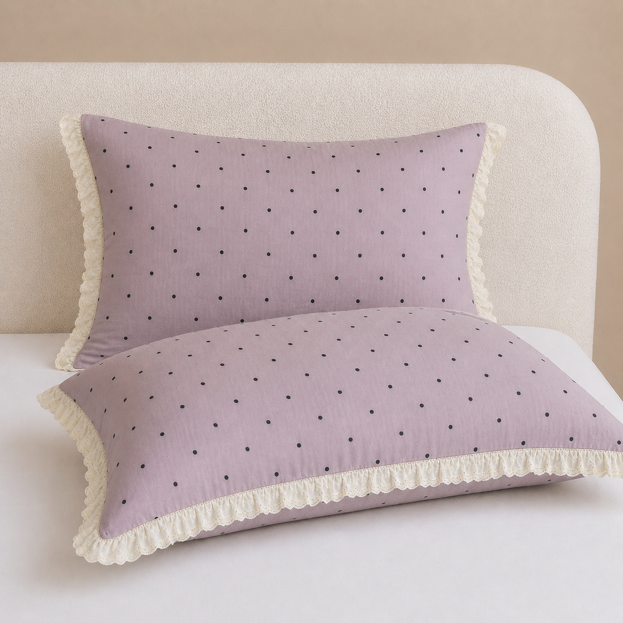 Two pillowcases from the Sundae Spot Bedding Set in Lavender Polka, with a frilled cream edge, propped on a bed