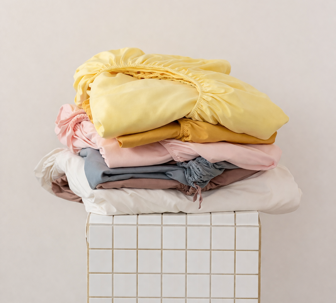 Stacked Tate Fitted Sheets in yellow, pink, grey and beige, elasticised corners piled on a tiled stand