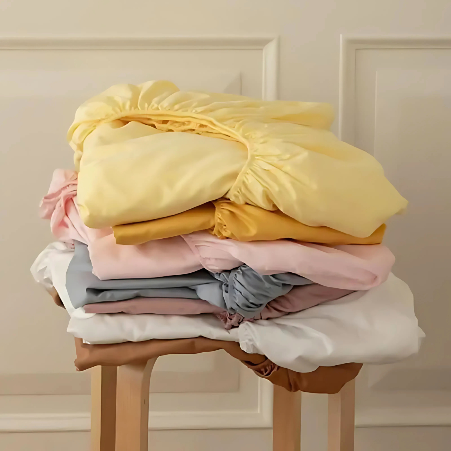 Tate Fitted Sheet in soft yellow, folded atop a stack of mixed-colour sheets on a wooden stool
