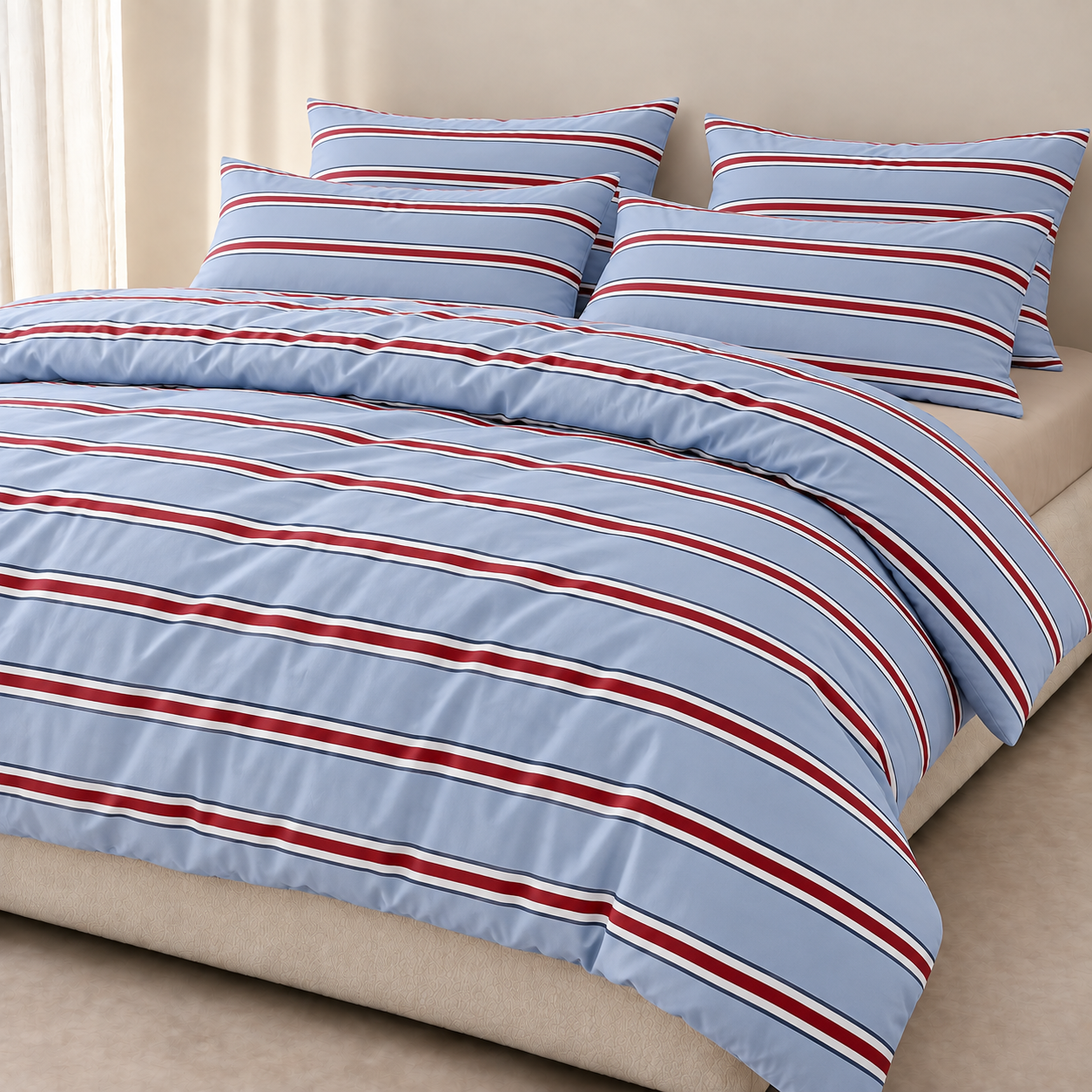 Vida Bedding Set in Blue & Red, striped quilt cover and pillowcases styled on a made bed