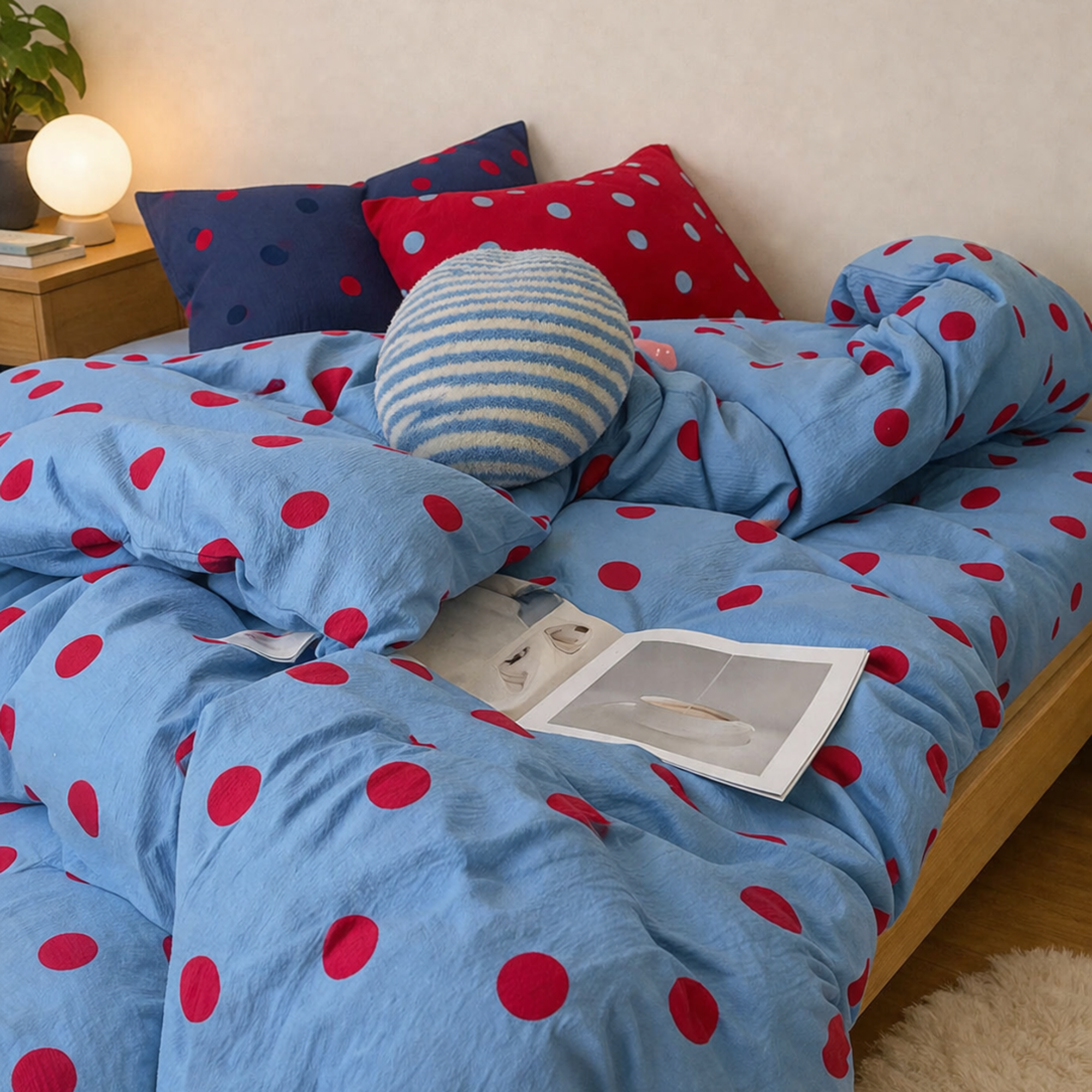 Ziggy Spot Bedding Set rumpled on a bed, cherry red spots on soft blue cotton, with matching pillowcases