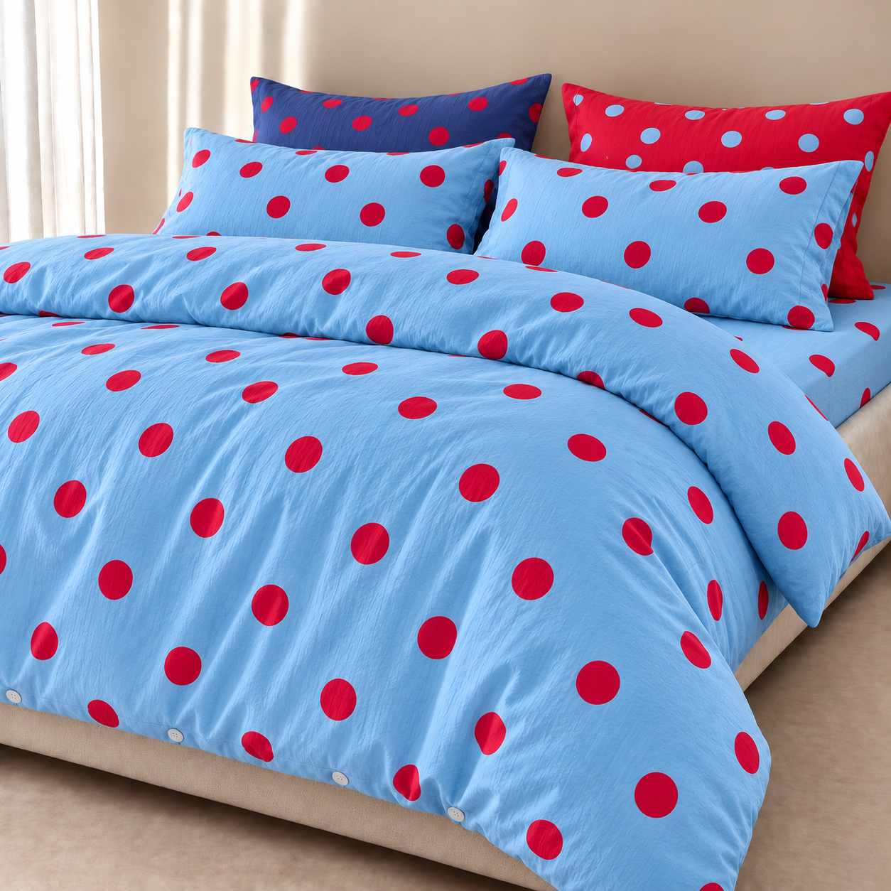 Ziggy Spot Bedding Set on a made bed, cherry red spots across a soft blue quilt cover and pillowcases